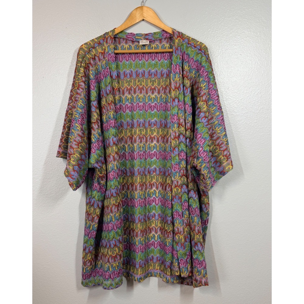Et Lois Kimono Women 1X/2X Multicolor Open Front Zig Zag Crochet Knit Boho